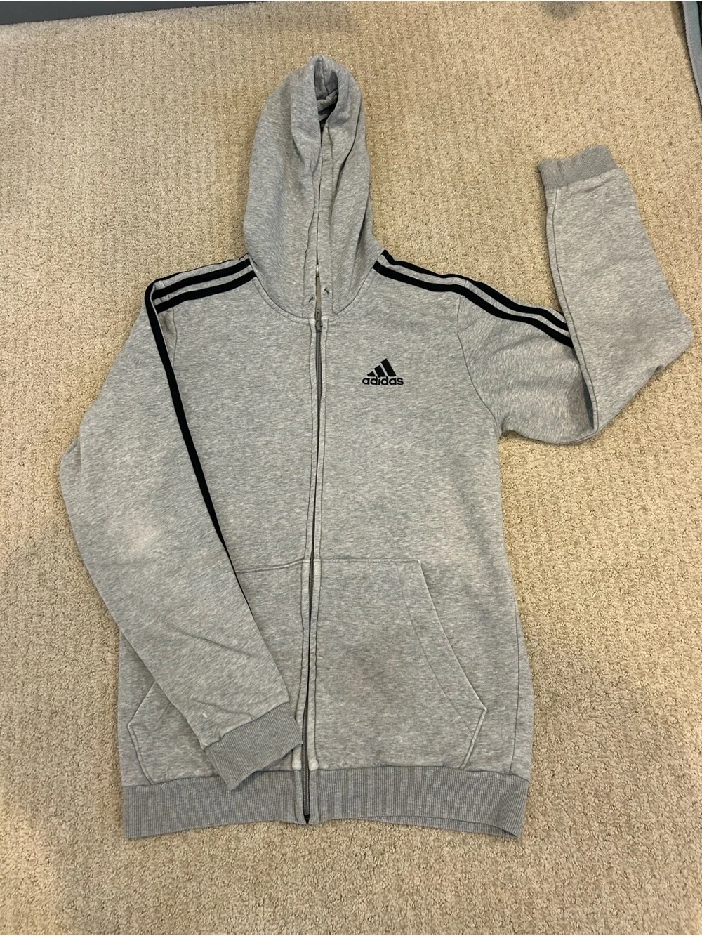 adidas Grey Full-Zip Hooded Sweatshirt with Black Stripes